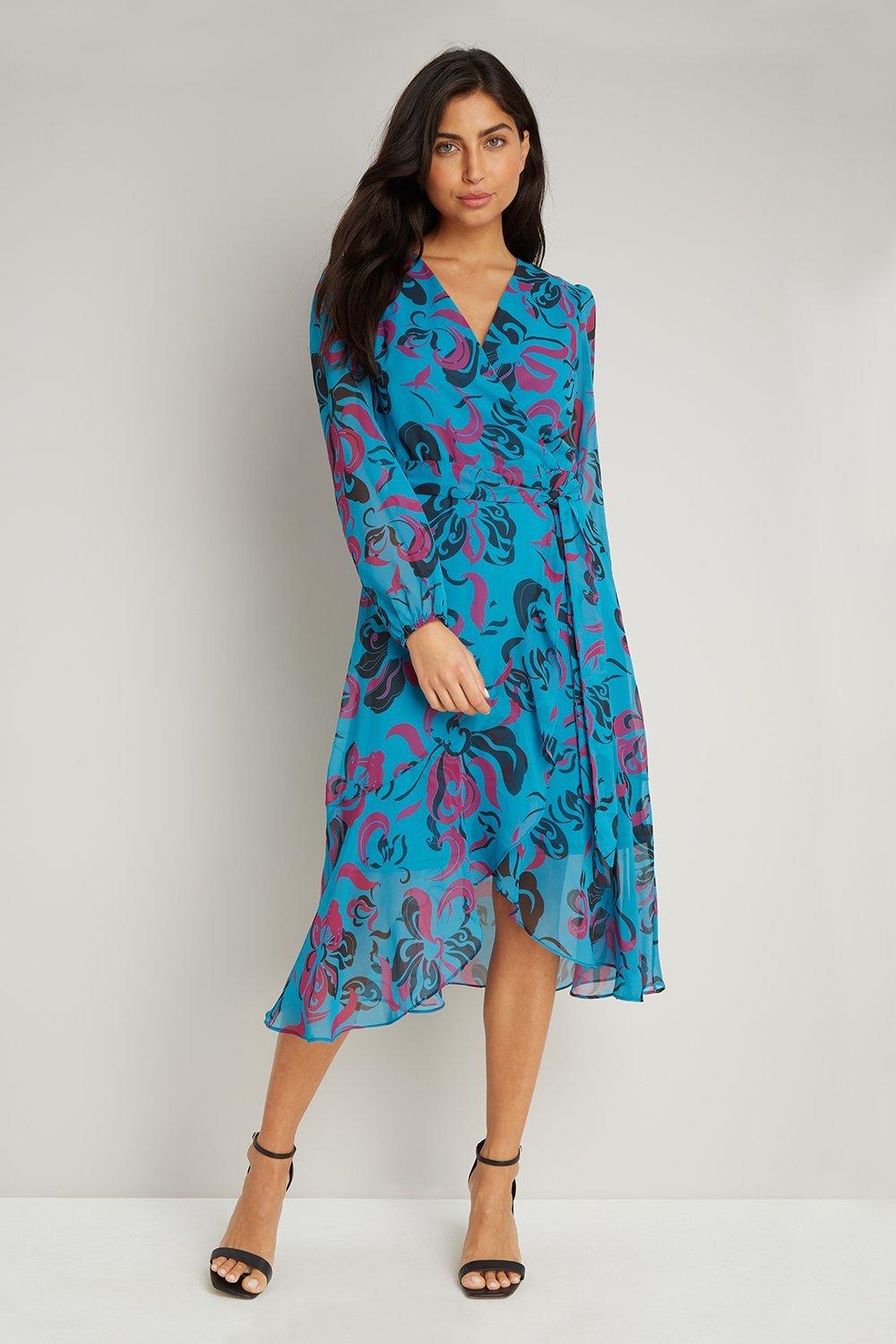 Blue Graphic Wrap Dress | Wallis UK